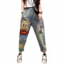 Cartoon Embroidered Patch Ripped Denim Ankle-Length Pants Women's Elastic Waist Casual Streetwear Jeans