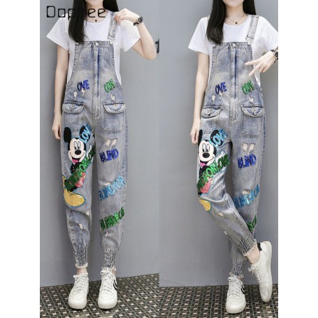 Denim Suspender Pants Women's New Cartoon Sequined Loose Hole Casual Harem Pants