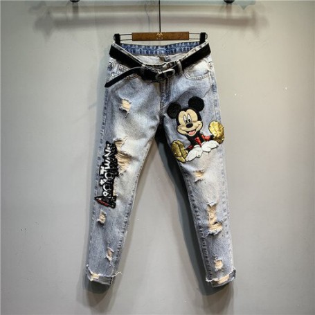 Heavy Industry Beads Sequined Cartoon Embroidery Hole Denim Jeans Women Autumn New Skinny Ankle-Tied Pencil Pants Trendy