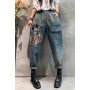Korean Style Loose Slimming Cartoon Embroidery Stitching Jeans Women's Elastic Waist All-Match Cropped Pants