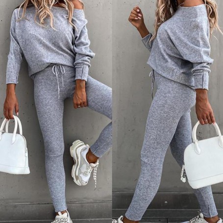 Women Blouse Pants Set Solid Color Drawstring Autumn Slanted Neck Sweatshirt Mid Waist Sweatpants for Daily Wear