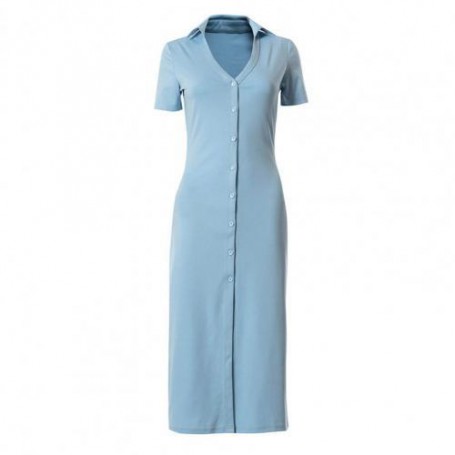 Dress V Neck Split Hem Women Single Breasted Short Sleeve Shirt Dress for Daily Wear  More  Elegant Charming