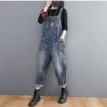 Vintage Casual Baggy Jeans Women Wide Leg Straps Rompers Jumpsuit Big Pockets Female Denim Overalls Pants