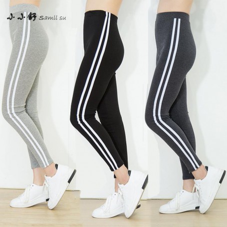 Black Grey Knitted Fitness Leggings Striped High Elastic Waist Pants Bandage Trouser Women Pencil