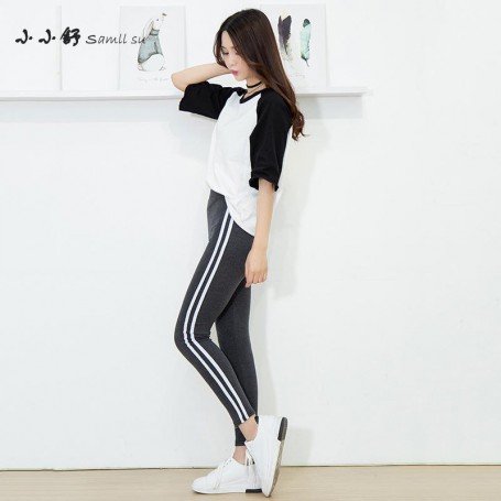 Black Grey Knitted Fitness Leggings Striped High Elastic Waist Pants Bandage Trouser Women Pencil