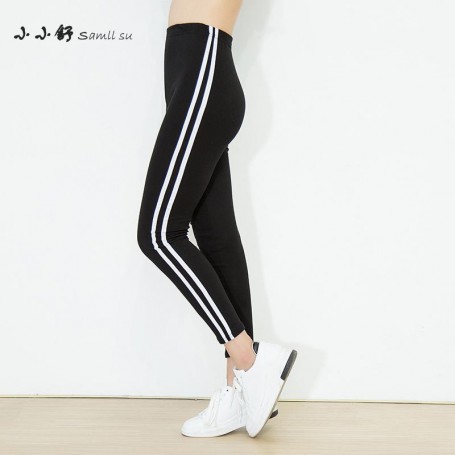 Black Grey Knitted Fitness Leggings Striped High Elastic Waist Pants Bandage Trouser Women Pencil