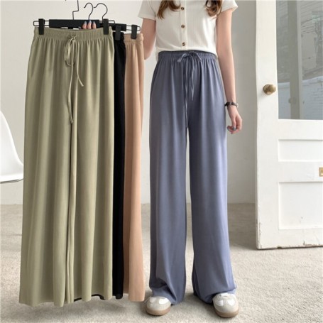 Summer Wide Leg Pants Women Trousers Cheap Ladies High Elastic Waist Striped Knitting Pink Khaki Black Gray Casual Loose Pants