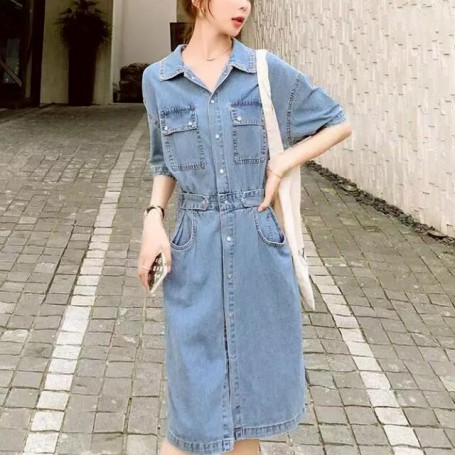 Long Denim Dress Women Casual Elastic Waist Button High Quality Vintage Split Single Breasted Dresses Party