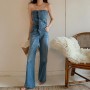 Elegant Women's Strapless Sleeveless Strapless Full Length Blue Backless Tube Top Denim Jumpsuit Wide Leg Overalls High Waist