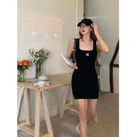 Fashion Women's New Generous Collar Letter Sexy Stretch Slim Sleeveless Knitted Mid-length Slim Dress