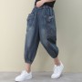 Women Jeans High Waist Five-point Pants Fashion Loose Vintage Retro Light Blue Stitching Cotton Korean Style