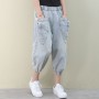 Women Jeans High Waist Five-point Pants Fashion Loose Vintage Retro Light Blue Stitching Cotton Korean Style
