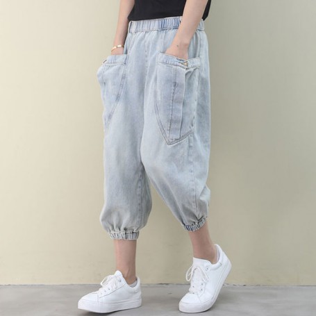 Women Jeans High Waist Five-point Pants Fashion Loose Vintage Retro Light Blue Stitching Cotton Korean Style