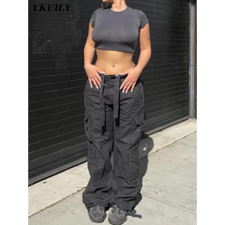 Vintage Cargo Pants Overalls Baggy Jeans Women Casual Fashion Y2k 90s Streetwear Big Pockets High Waist Straight Denim Trousers