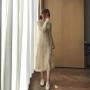 Beige Long Over-the-Knee Bottoming Sweater Dress Loose + Mesh Sling Piece