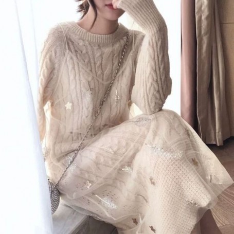 Beige Long Over-the-Knee Bottoming Sweater Dress Loose + Mesh Sling Piece