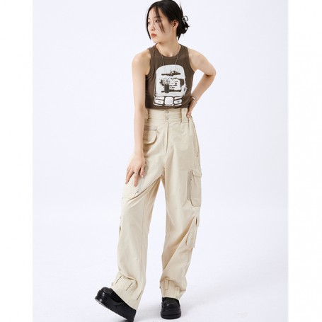 Bottoms Women Pants High Waist Straight Baggy Apricot Overalls Hip Hop Style Multiple Pockets Vintage Wide Leg Trouser