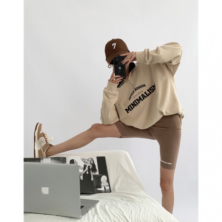 Women's Clothing Khaki Vintage Pullover Letter Embroidery POLO Collar Long Sleeves Hip Hop Oversize Baggy Tops