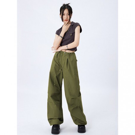 Army Green Cargo Pants Vintage Autumn Women's Clothing Baggy Hip Hop Style Oversized Fashion Elastic Waist Wide Leg Trouser