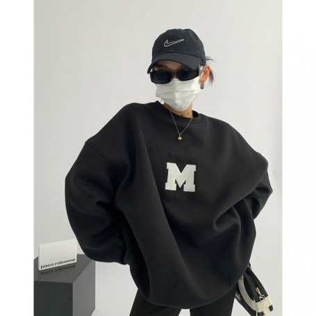 Women's Clothing Grey Vintage Pullover Letter Embroidery Long Sleeves Casual Street Hip Hop Oversize Baggy Ladies Tops Autumn