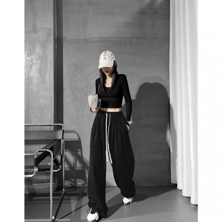 Women's Green Drawstring Sweatpants Fashion High Waist Straight Wide Leg Pants Simplicity Baggy Bind Feet Trouser Ladies