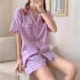 Women Turn-down Collar Pajamas Set Short Sleeve Tops+Shorts 2 Pieces Suit Plaid Print Pijimas Sleepwear Korea Style Home Clothes