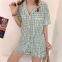 Women Turn-down Collar Pajamas Set Short Sleeve Tops+Shorts 2 Pieces Suit Plaid Print Pijimas Sleepwear Korea Style Home Clothes