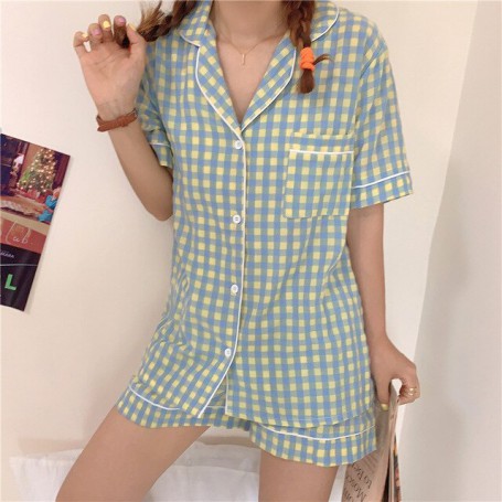 New Summer Women Girls Home Clothes Pajamas Set Casual Loose Plaid Printed Short Sleeve 2 Pieces Suit Pijama Sleepwear Pjs