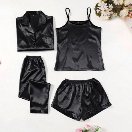 5 Pieces Faux Silk Stain Pajamas Sets Without Chest Pad Pyjama Sexy Sling Shorts Long Sleeve Long Pants Sleepwear Tops
