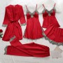 5PC Silk Robe Sleep Suit Womens Lace Satin Pajamas Gown Set V-Neck Nighties Wear Pijama Home Nightwear 2022 Spring Nightdress