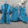4 Pieces  Women Pajamas Sets Satin Sleepwear Silk Nightwear Pyjama Soild Strap Lace Sleep Lounge Pijama With Chest Pads