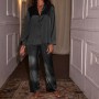 Jodimitty 2pcs Woman Satin Pajamas Set Long Sleeve Turn-down Collar Classical Sleep Top+Pants Nightwear Imitation Natural Silk
