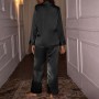 Jodimitty 2pcs Woman Satin Pajamas Set Long Sleeve Turn-down Collar Classical Sleep Top+Pants Nightwear Imitation Natural Silk