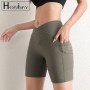 Crossover High Waist Yoga Shorts With Pockets Gym Running Fitness Butt Lifting Pants Women's Sweat Absorbent Breathable Leggings