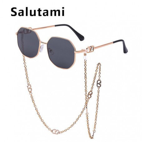 Unique Anti Falling Chain Polygon Square Sunglasse Women Fashion Brand Alloy Small Gradient Sun Glasses Chain Lady Elegant Shade