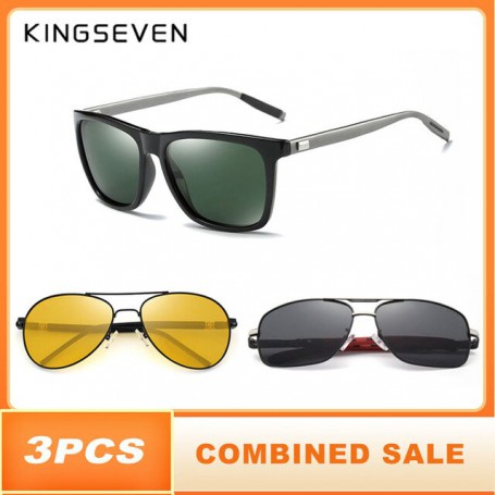 3PCS Combined Sale KINGSEVEN Polarized Sunglasses For Men Night Vision Oculos de sol Men's Fashion Square Driving Eyewear
