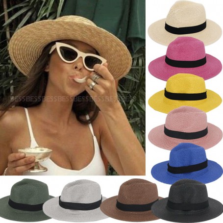 Women Wide Brim Straw Panama Roll Up Ponytail Hat Beach Visor Sun Hat UV UPF50+ Women's Lightweight Foldable Packable Summer Hat