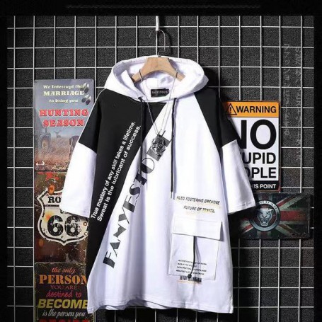 New Men Hooded Sweatshirt Mens Loose Five Point Sleeve Hooded T-shirt Hip Hop Letter Printing Short sleeved