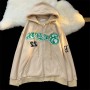 Women's Letter Embroidery Sweatshirts  Vintage Winter Fleece Oversized Hoodies Casual Zipper Jacket Coat Teens Y2k Clothes