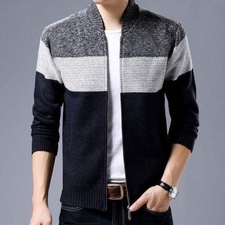 New Men's Cardigan Single-Breasted Fashion Knit  Plus Size Sweater Stitching Colorblock Stand Collar Coats Jackets