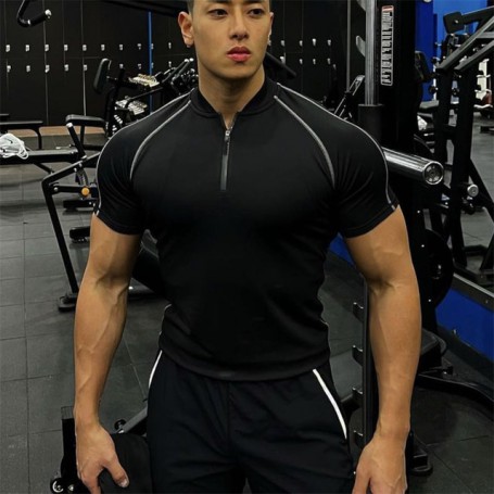 T-shirts Men Sports Fashion Casual Cotton Slim Fit Short Sleeve Zipper collar Shirt Fitness T-shirt