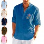 New Men's Linen Long Sleeve T-Shirt Solid Color One Flower Print Men's Casual Shirt Loose Large Size Shirt T-Shirt