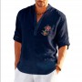 New Men's Linen Long Sleeve T-Shirt Solid Color One Flower Print Men's Casual Shirt Loose Large Size Shirt T-Shirt