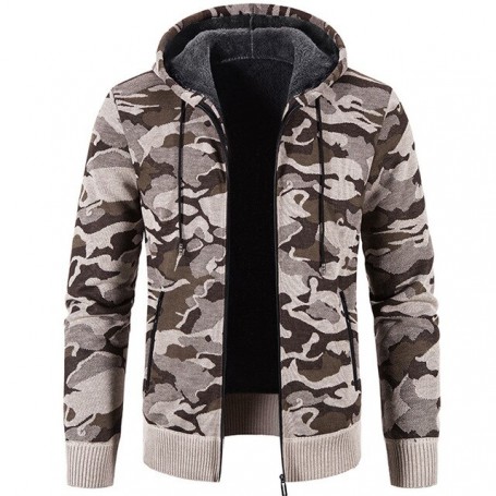 Men's Knitted Cardigan Camouflage Printed Sweater Jacket Casual Trend Loose Hooded Jacket