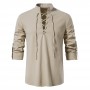 Men's Cotton Linen Solid Color Shirt Long Sleeve Casual Stand-up Collar Shirt for Male Lace-Up Daily Pullover Tops