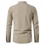 Men's Cotton Linen Solid Color Shirt Long Sleeve Casual Stand-up Collar Shirt for Male Lace-Up Daily Pullover Tops