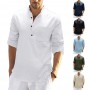 Men Cotton Linen Shirt Solid Color Long-sleeved Button Stand Collar Shirts New Casual Tops Size S-2XL