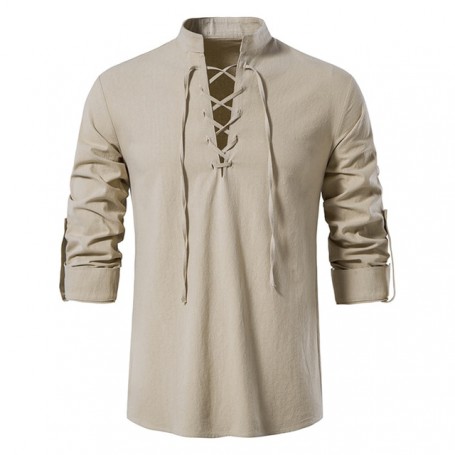 Men's Cotton Linen Solid Color Shirt Long Sleeve Casual Stand-up Collar Shirt for Male Lace-Up Daily Pullover Tops