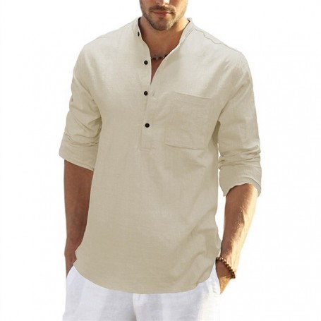 Men Cotton Linen Shirt Solid Color Long-sleeved Button Stand Collar Shirts New Casual Tops Size S-2XL