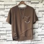 Mens New Beggar Hole Cotton Linen T-shirt Loose Round Neck Five-point Sleeve Korean Version Tide Personality Half-sleeved
